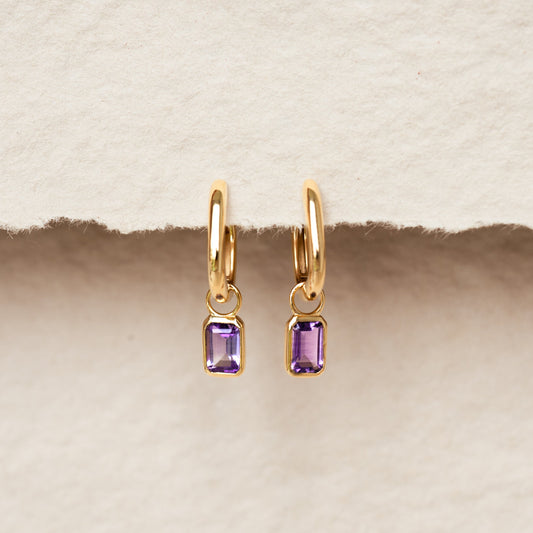 Huggie Earrings with Baguette Charms Amethyst - Amelia